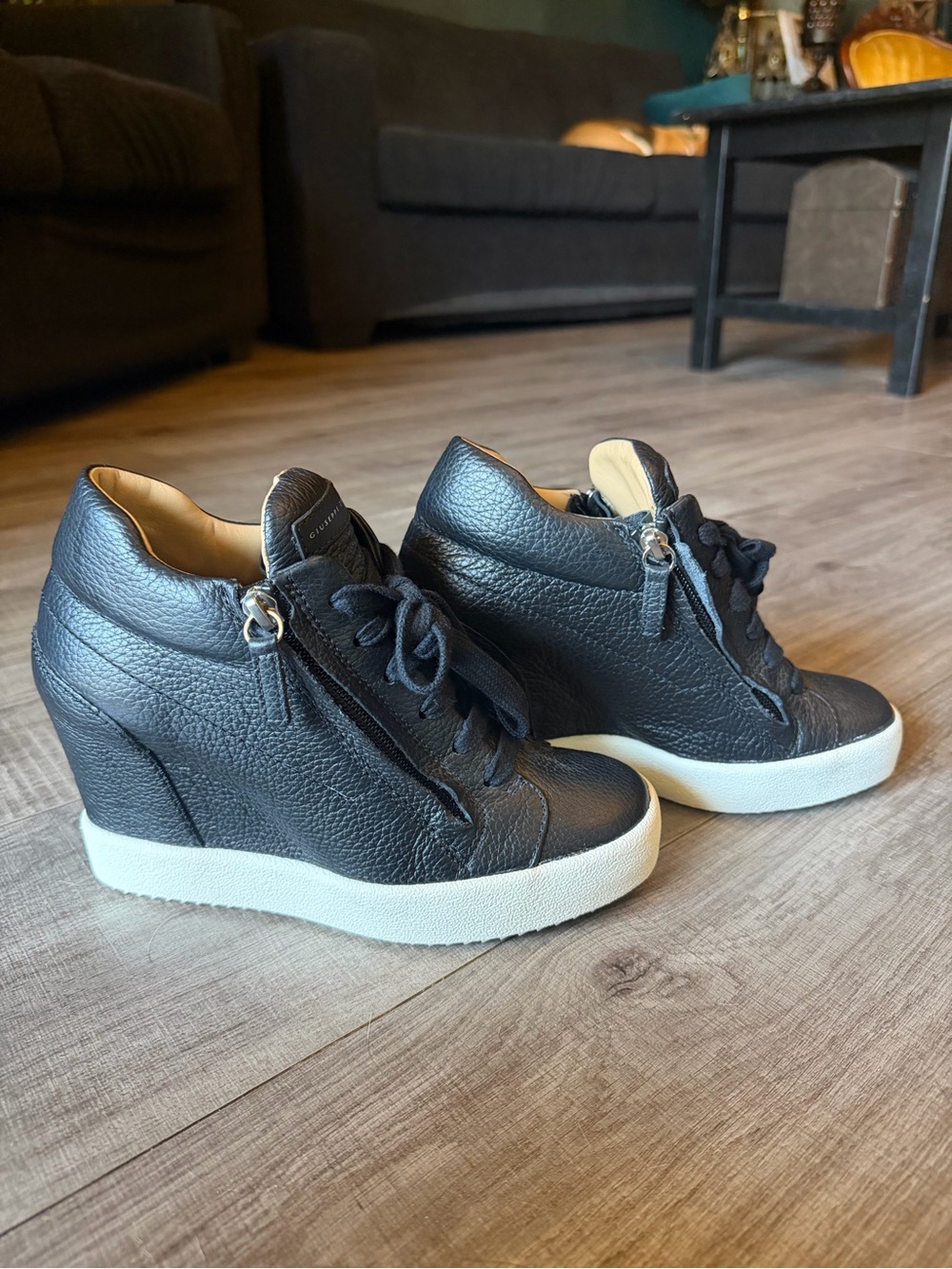 Giuseppe Zanotti Black Leather Wedge Sneakers | Made in Italy | US 6.5-7